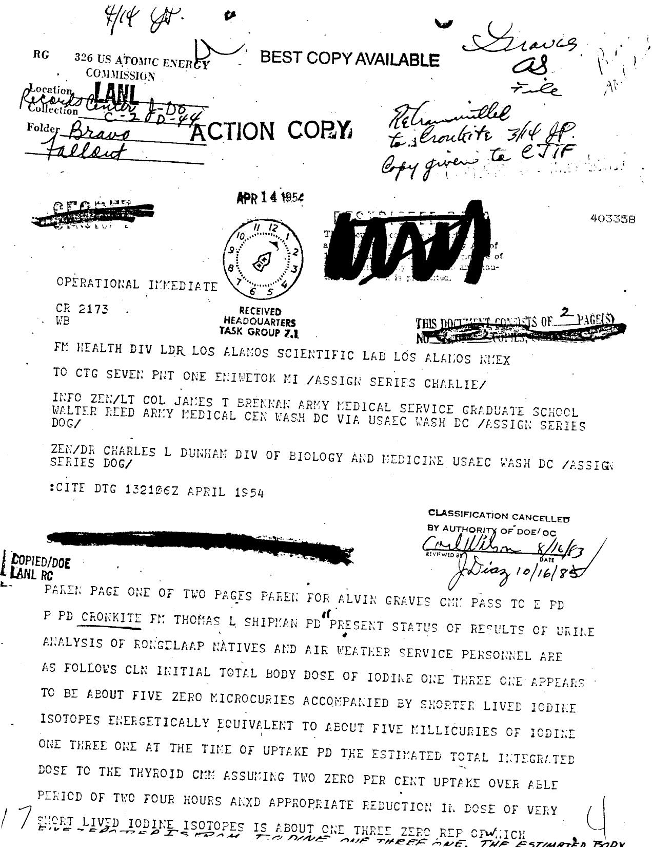 TWX TO A GRAVES, ET AL, SUBJECT: PRESENT STATUS OF RESULTS OF URINE ANALYSIS OF RONGELAP NATIVES AND AIR WEATHER SERVICE PERSONNEL ( BRAVO EVENT, CASTLE OPERATION ) by UNK