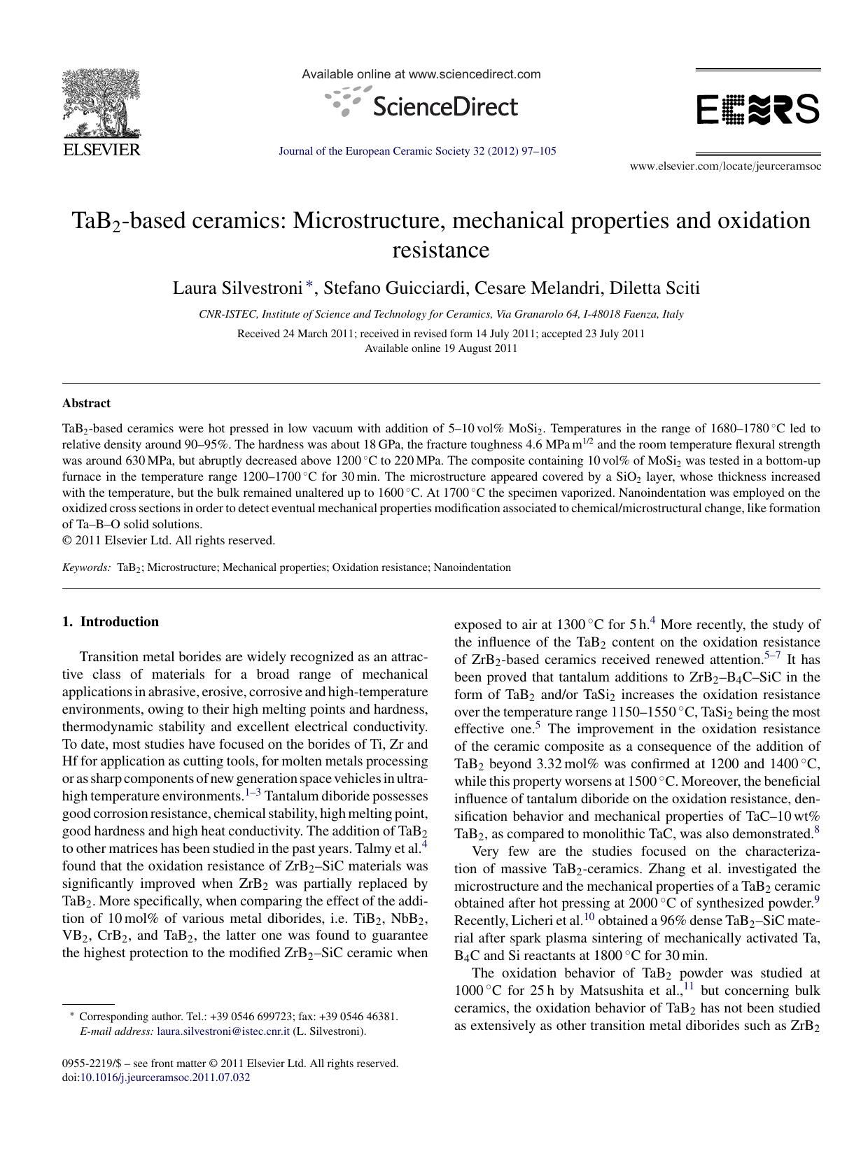 TaB2-based ceramics: Microstructure, mechanical properties and oxidation resistance by Laura Silvestroni