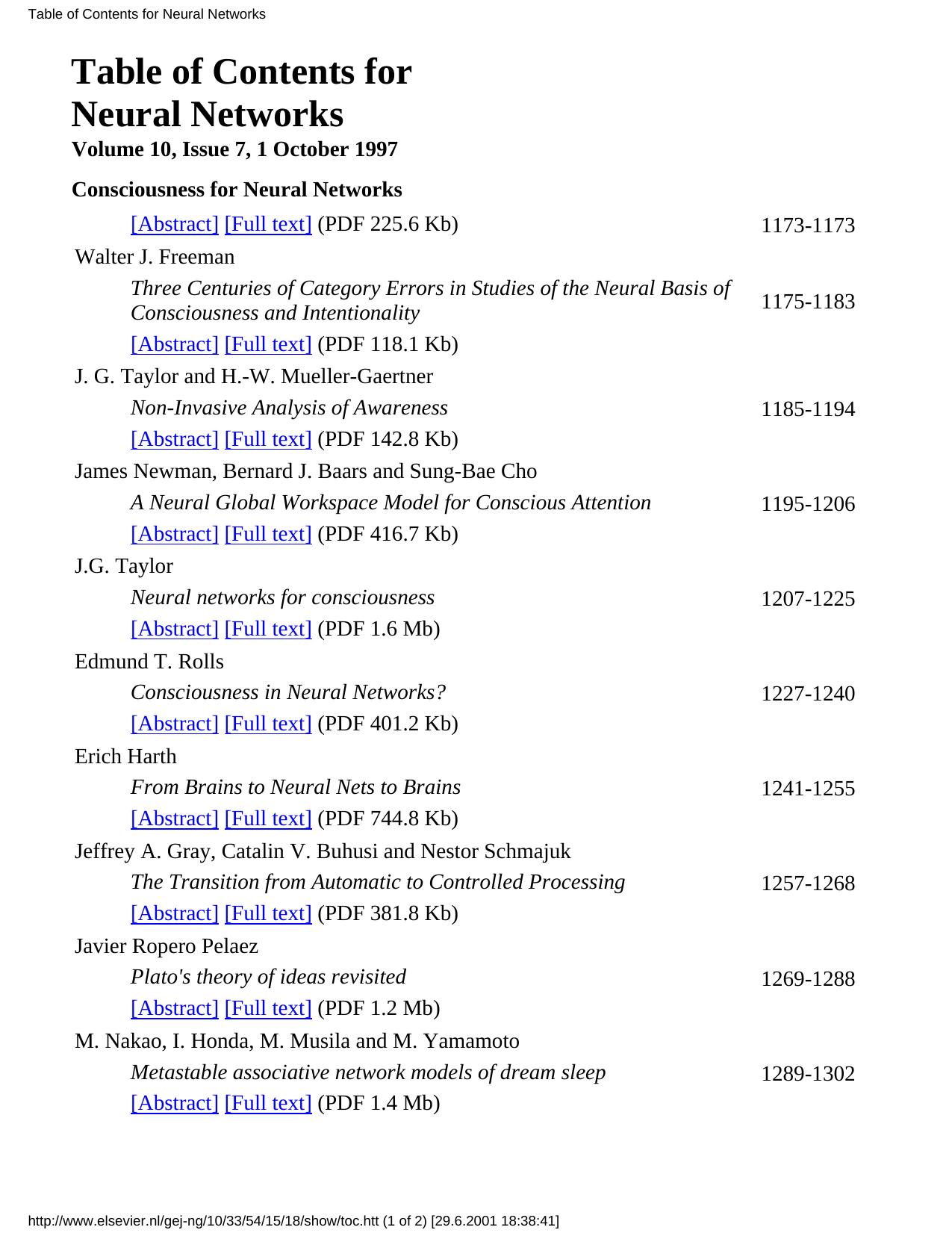 Table of Contents for Neural Networks by Neural Networks Vol 10 No 7 Special Issue (1997)