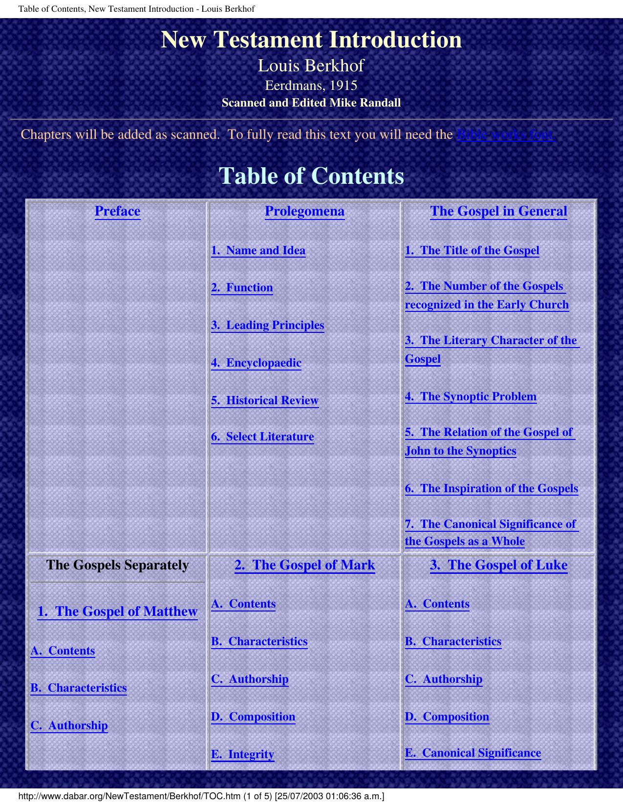 Table of Contents, New Testament Introduction - Louis Berkhof by Louis Berkhof