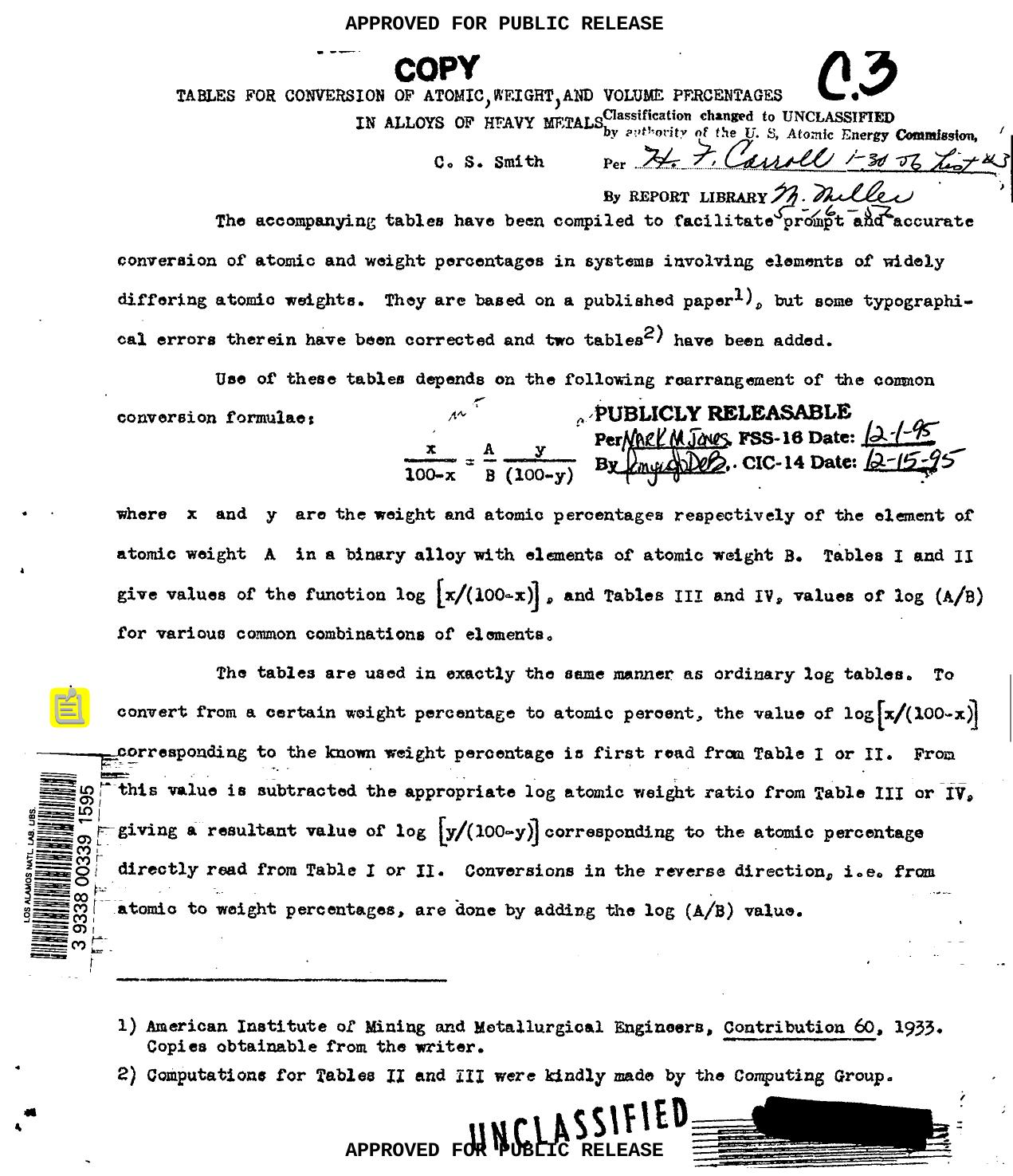 Tables for conversion of atomic, weight, and volume percentages in alloys of heavy metals None by LANL Research Library LWW Project