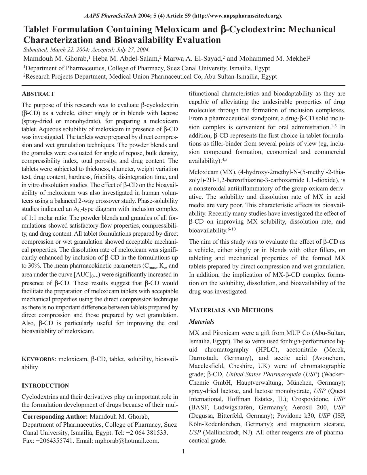 Tablet formulation containing meloxicam and β-cyclodextrin: Mechanical characterization and bioavailability evaluation by Unknown