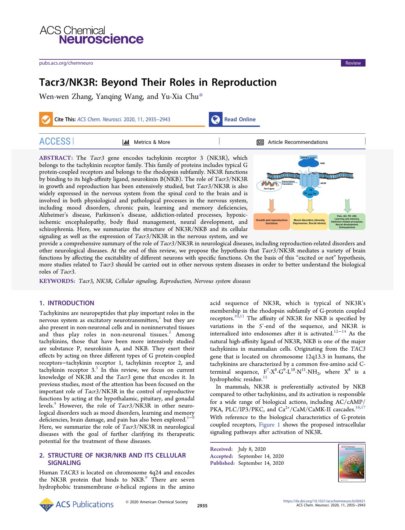 Tacr3NK3R: Beyond Their Roles in Reproduction by Wen-wen Zhang Yanqing Wang and Yu-Xia Chu