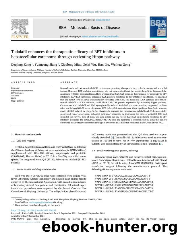 Tadalafil enhances the therapeutic efficacy of BET inhibitors in hepatocellular carcinoma through activating Hippo pathway by Deqiang Kong & Yuancong Jiang & Xiaolong Miao & Zelai Wu & Han Liu & Weihua Gong