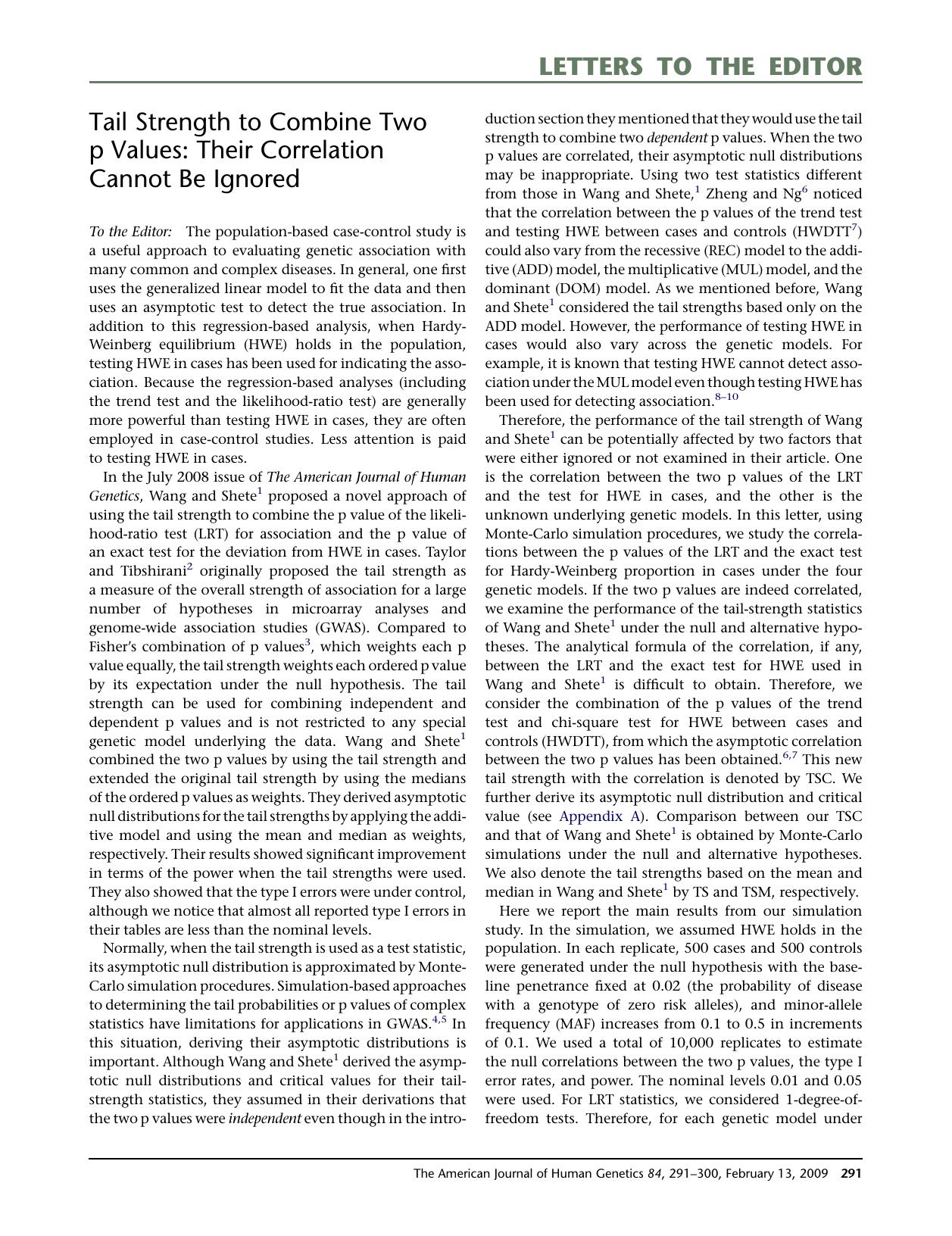Tail Strength to Combine Two p Values: Their Correlation Cannot Be Ignored by Yong Zang; Wing K. Fung; Gang Zheng