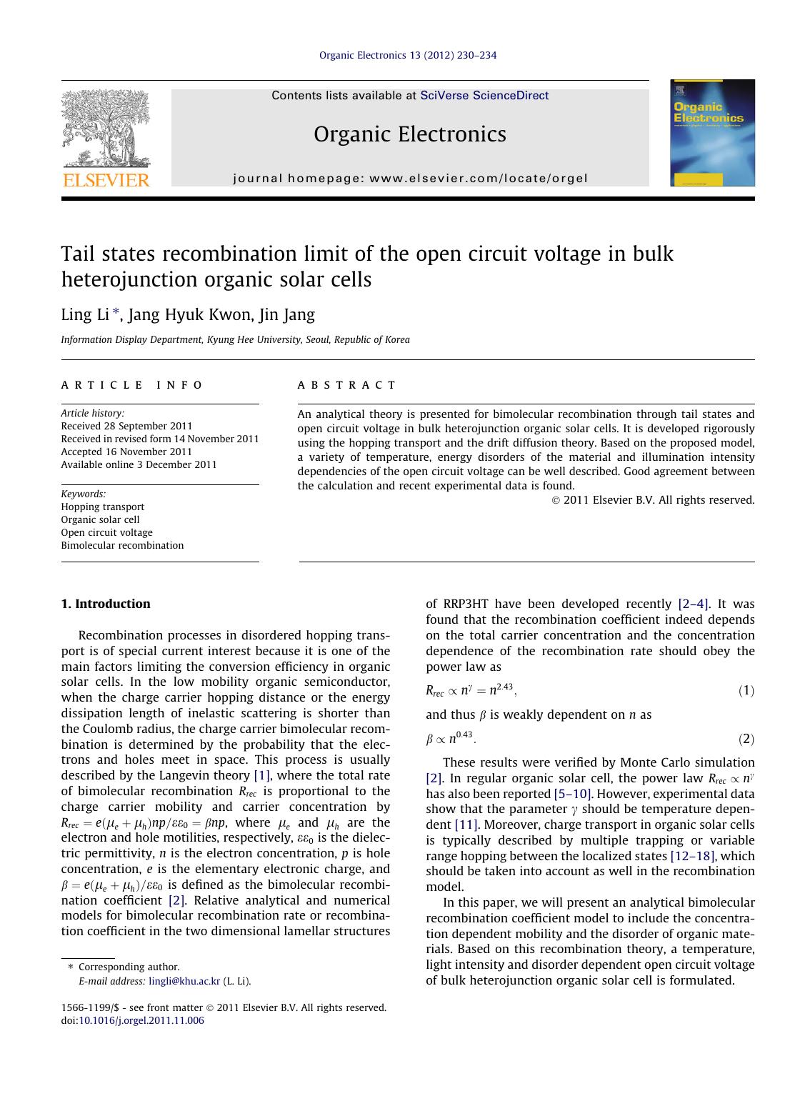 Tail states recombination limit of the open circuit voltage in bulk heterojunction organic solar cells by Ling Li & Jang Hyuk Kwon & Jin Jang