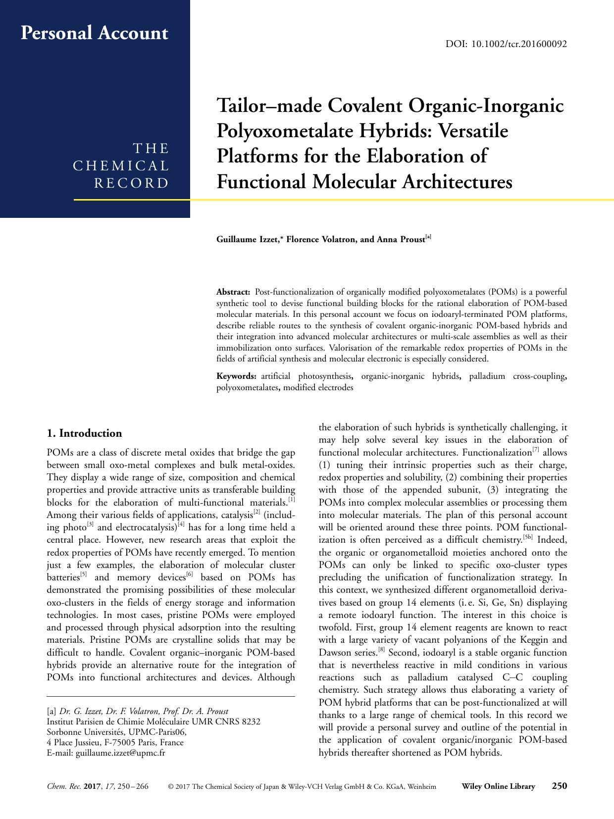 Tailorâmade Covalent OrganicâInorganic Polyoxometalate Hybrids: Versatile Platforms for the Elaboration of Functional Molecular Architectures by Unknown