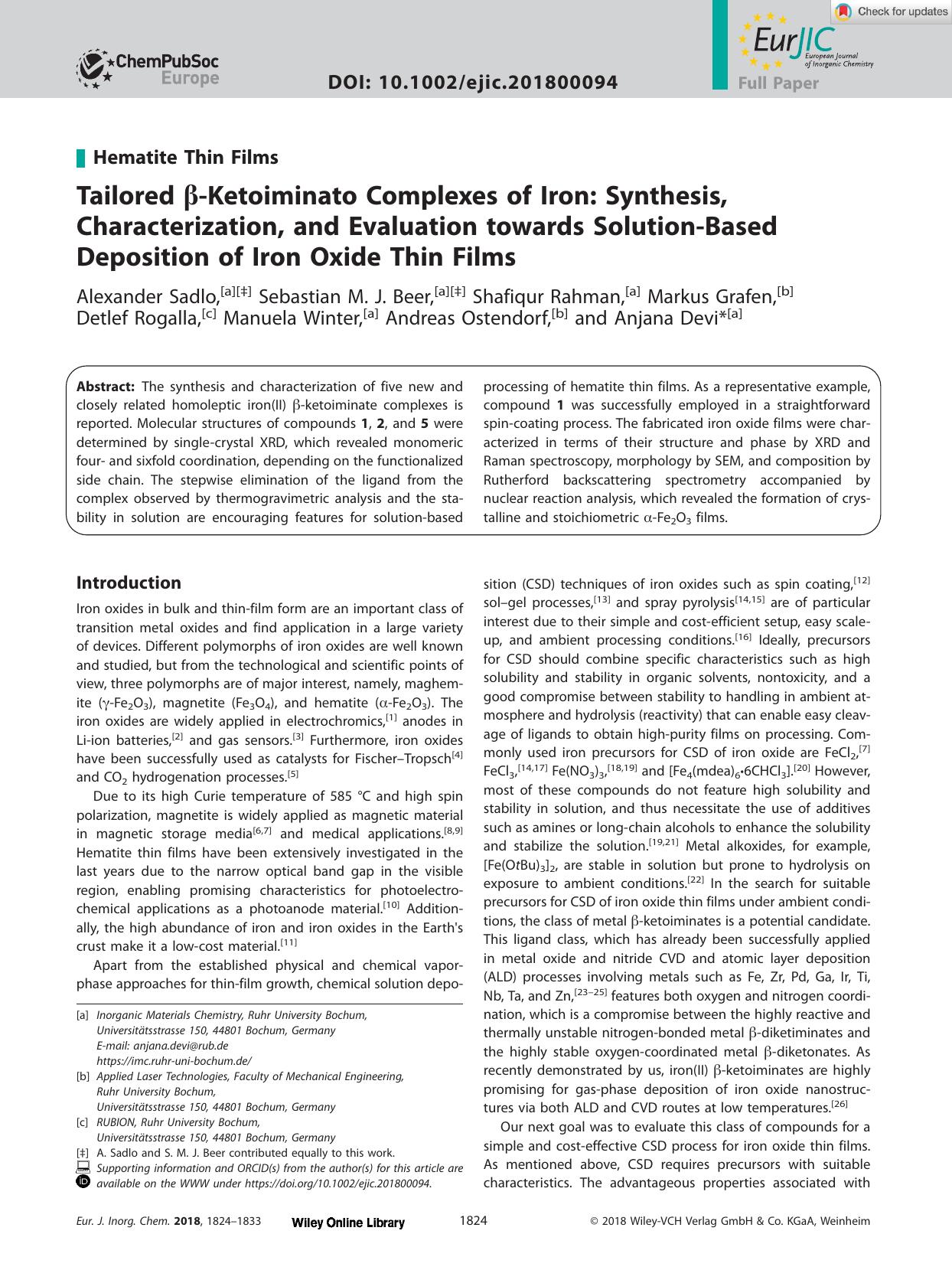 Tailored Î²âKetoiminato Complexes of Iron: Synthesis, Characterization, and Evaluation towards SolutionâBased Deposition of Iron Oxide Thin Films by Unknown