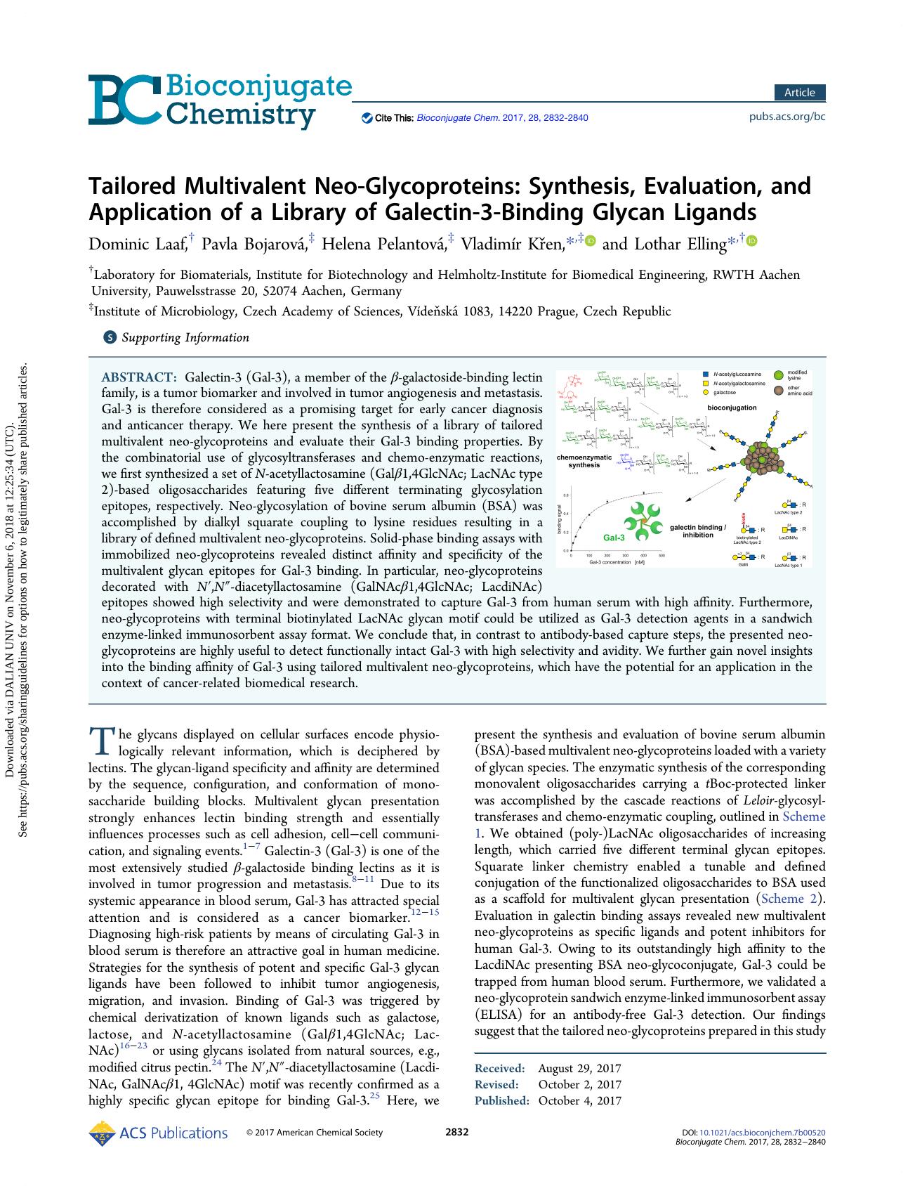 Tailored Multivalent Neo-Glycoproteins: Synthesis, Evaluation, and Application of a Library of Galectin-3-Binding Glycan Ligands by Dominic Laaf Pavla Bojarová Helena Pelantová Vladimír Křen & Lothar Elling