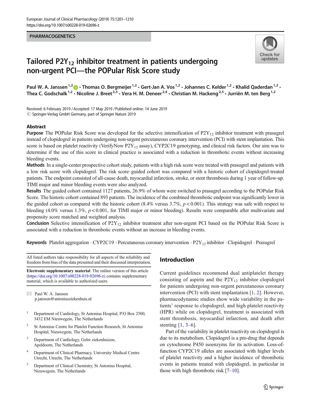 Tailored P2Y12 inhibitor treatment in patients undergoing non-urgent PCIâthe POPular Risk Score study by unknow