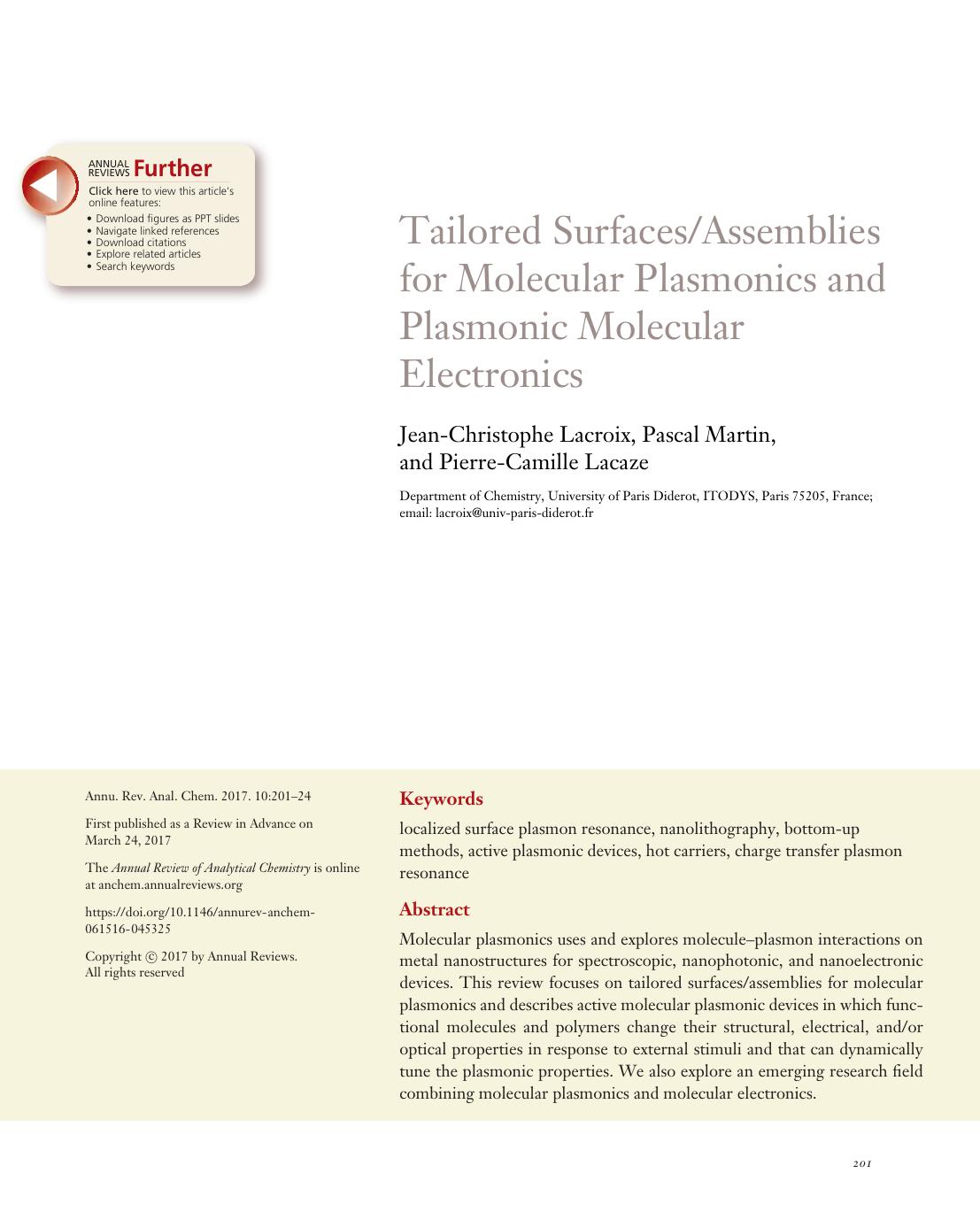 Tailored SurfacesAssemblies for Molecular Plasmonics and Plasmonic Molecular Electronics by Jean-Christophe Lacroix Pascal Martin and Pierre-Camille Lacaze