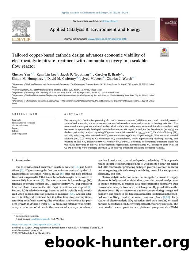 Tailored copper-based cathode design advances economic viability of electrocatalytic nitrate treatment with ammonia recovery in a scalable flow reactor by unknow