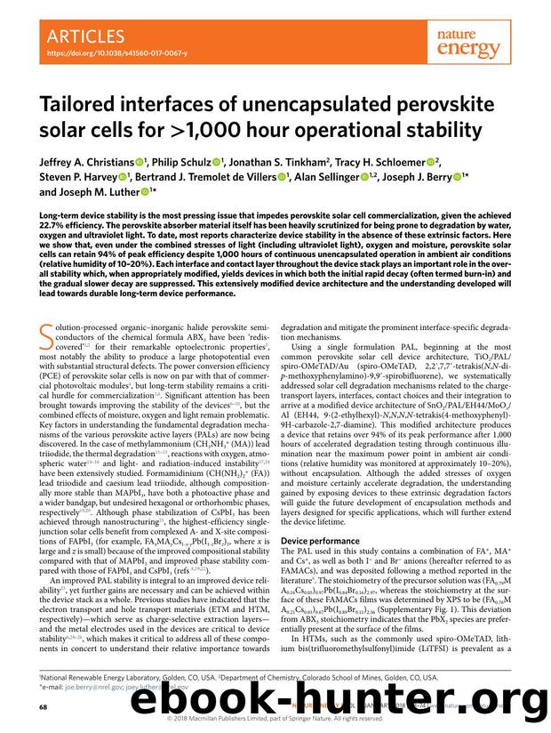 Tailored interfaces of unencapsulated perovskite solar cells for >1,000 hour operational stability by unknow