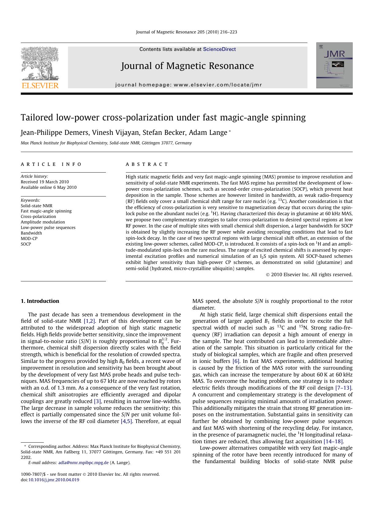 Tailored low-power cross-polarization under fast magic-angle spinning by Jean-Philippe Demers & Vinesh Vijayan & Stefan Becker & Adam Lange