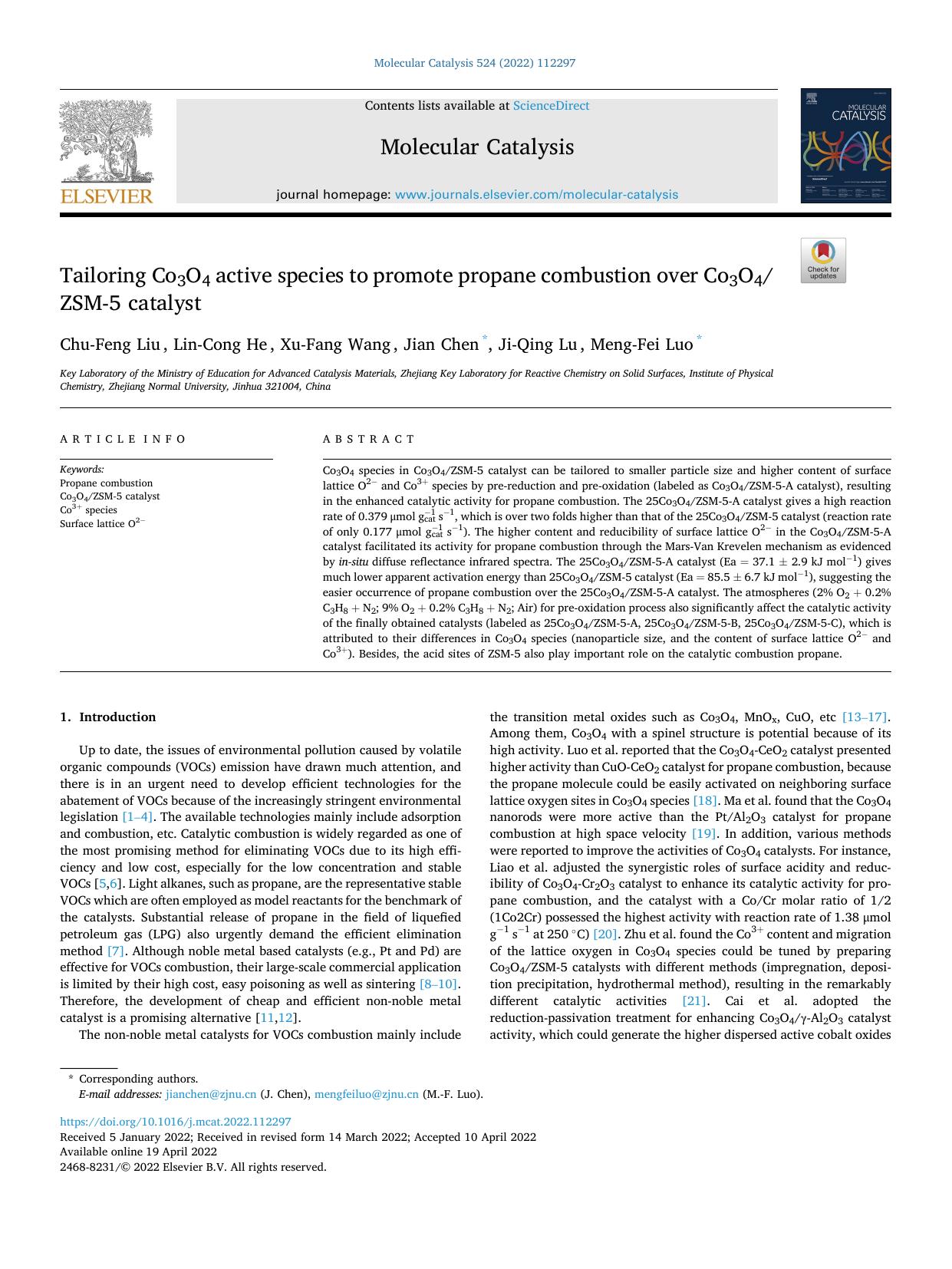 Tailoring Co3O4 active species to promote propane combustion over Co3O4ZSM-5 catalyst by Chu-Feng Liu & Lin-Cong He & Xu-Fang Wang & Jian Chen & Ji-Qing Lu & Meng-Fei Luo