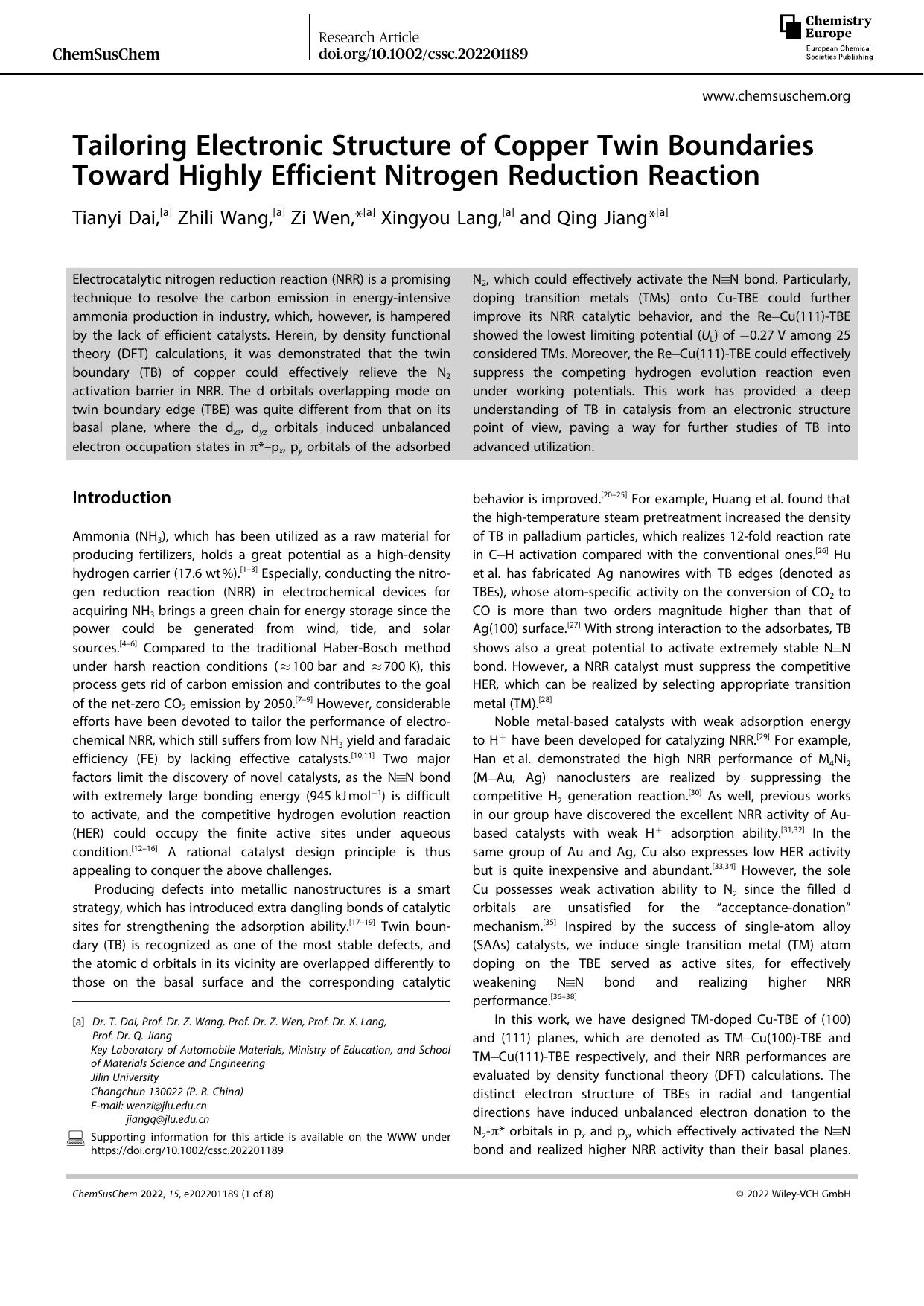 Tailoring Electronic Structure of Copper Twin Boundaries Toward Highly Efficient Nitrogen Reduction Reaction by Unknown