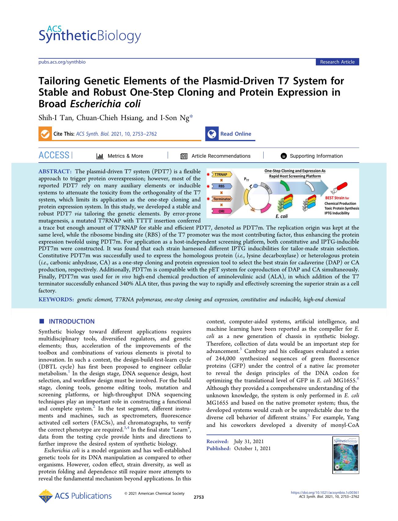 Tailoring Genetic Elements of the Plasmid-Driven T7 System for Stable and Robust One-Step Cloning and Protein Expression in Broad Escherichia coli by Shih-I Tan Chuan-Chieh Hsiang and I-Son Ng