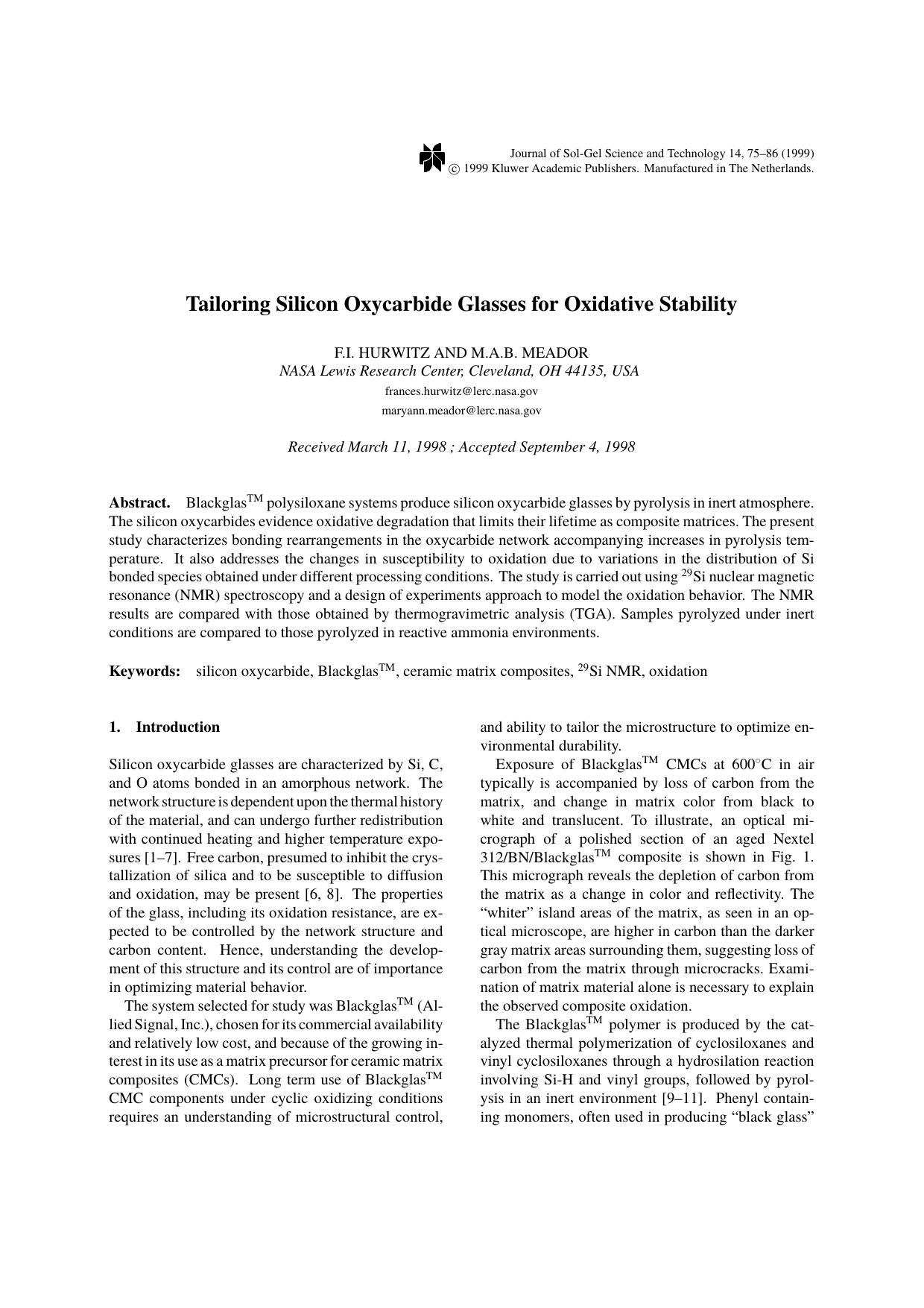 Tailoring Silicon Oxycarbide Glasses for Oxidative Stability by Unknown