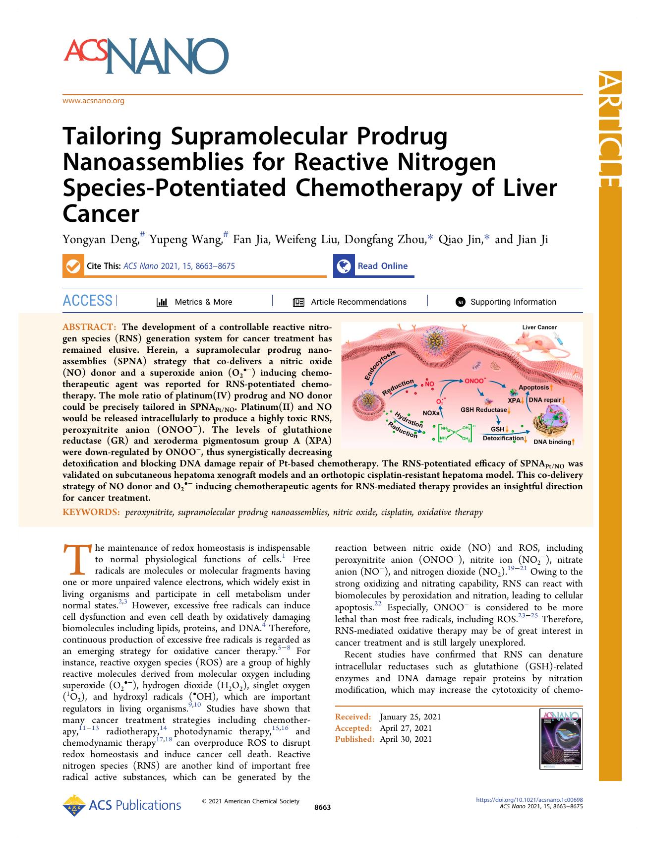 Tailoring Supramolecular Prodrug Nanoassemblies for Reactive Nitrogen Species-Potentiated Chemotherapy of Liver Cancer by Yongyan Deng Yupeng Wang Fan Jia Weifeng Liu Dongfang Zhou Qiao Jin and Jian Ji