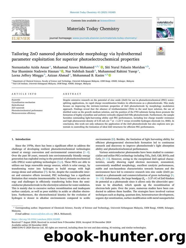 Tailoring ZnO nanorod photoelectrode morphology via hydrothermal parameter exploitation for superior photoelectrochemical properties by unknow