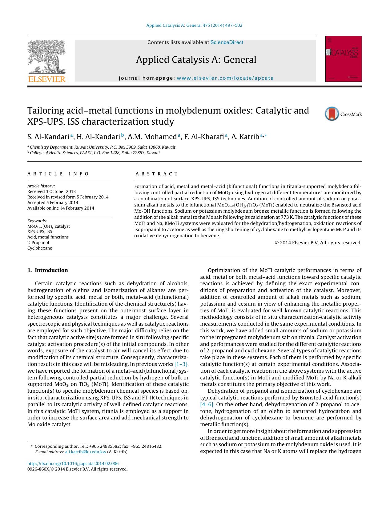 Tailoring acidâmetal functions in molybdenum oxides: Catalytic and XPS-UPS, ISS characterization study by S. Al-Kandari & H. Al-Kandari & A.M. Mohamed & F. Al-Kharafi & A. Katrib