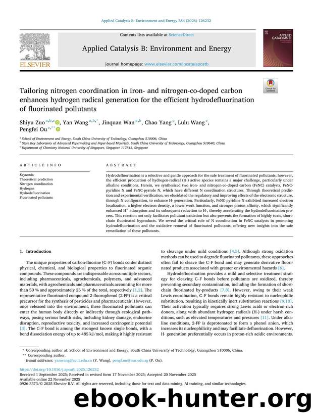 Tailoring nitrogen coordination in iron- and nitrogen-co-doped carbon enhances hydrogen radical generation for the efficient hydrodefluorination of fluorinated pollutants by Shiyu Zuo & Yan Wang & Jinquan Wan & Chao Yang & Lulu Wang & Pengfei Ou