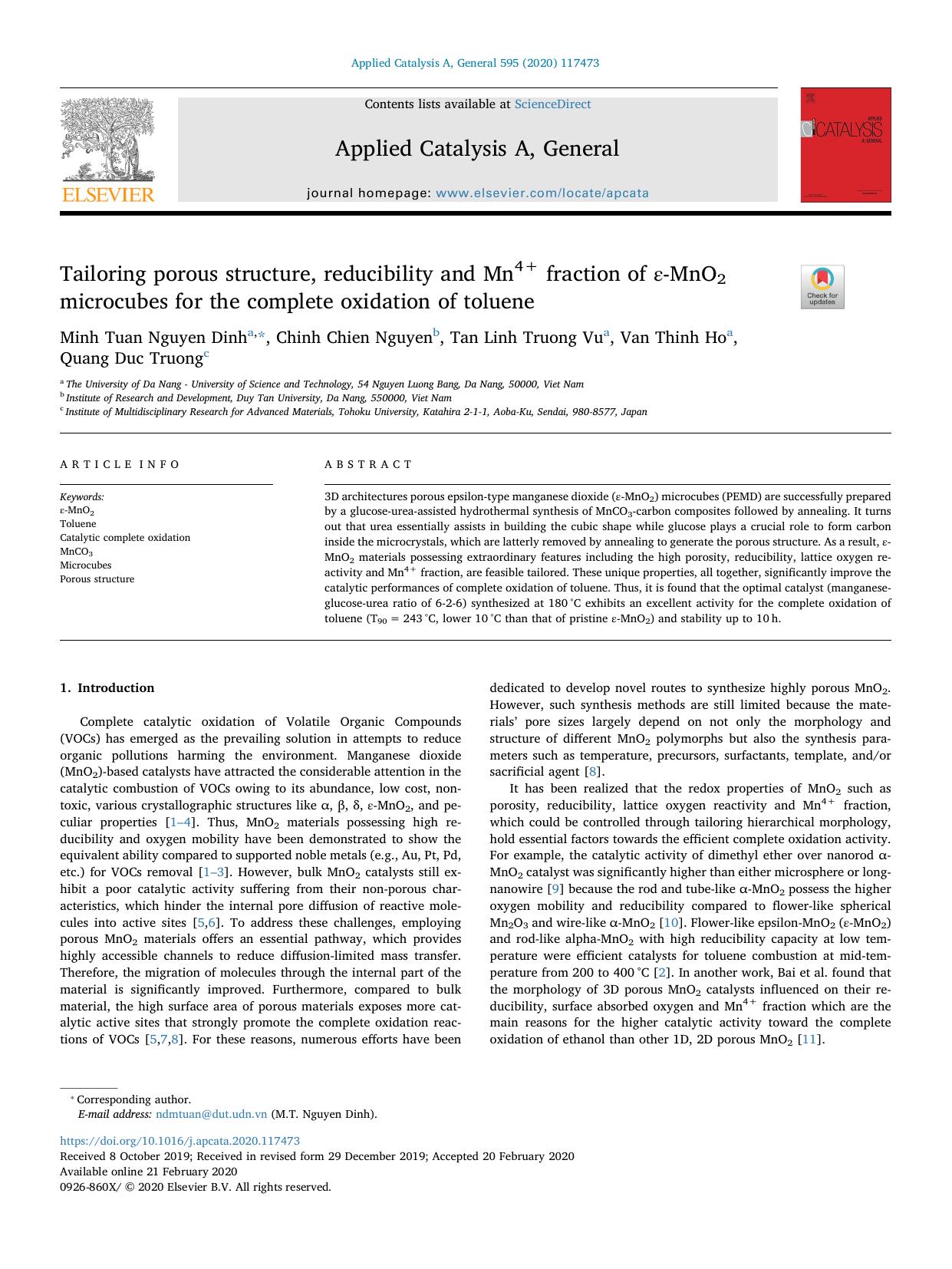 Tailoring porous structure, reducibility and Mn4+ fraction of Îµ-MnO2 microcubes for the complete oxidation of toluene by Minh Tuan Nguyen Dinh & Chinh Chien Nguyen & Tan Linh Truong Vu & Van Thinh Ho & Quang Duc Truong