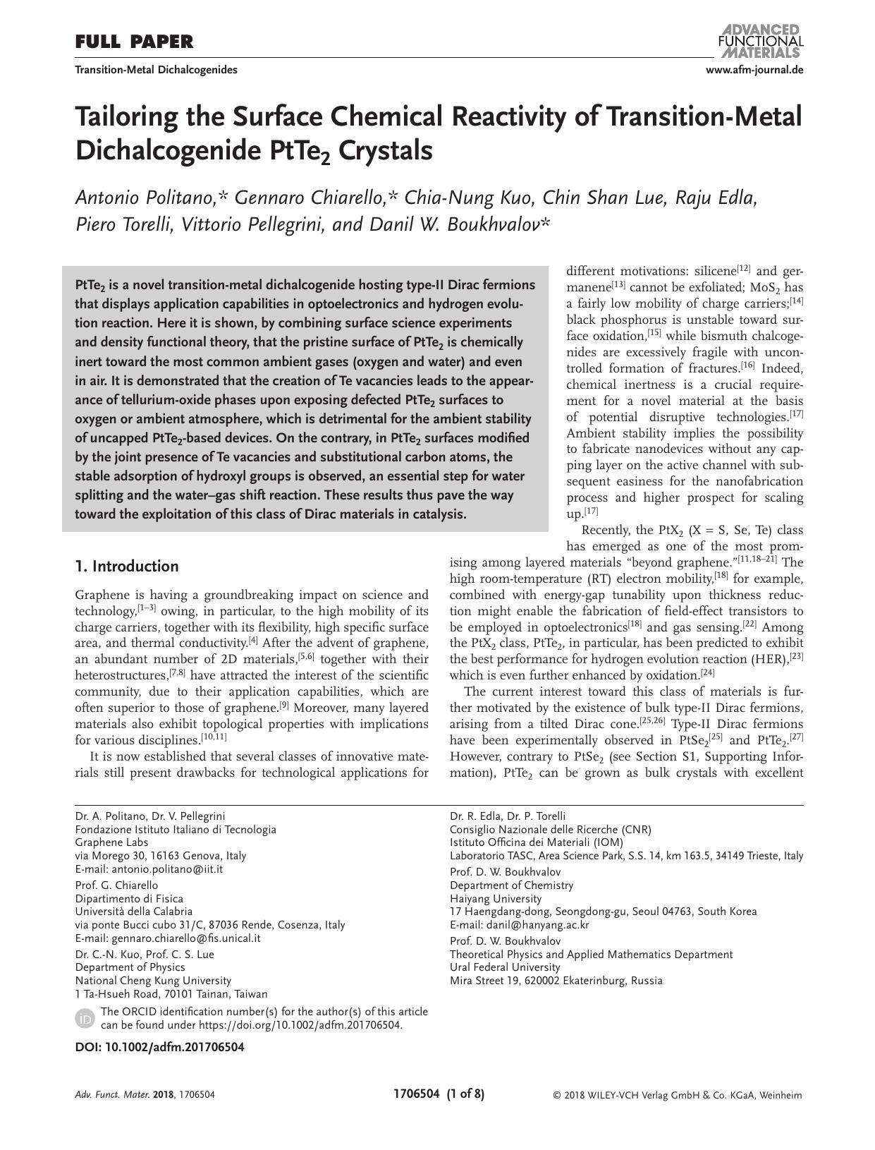 Tailoring the Surface Chemical Reactivity of Transition‐Metal Dichalcogenide PtTe2 Crystals by Unknown