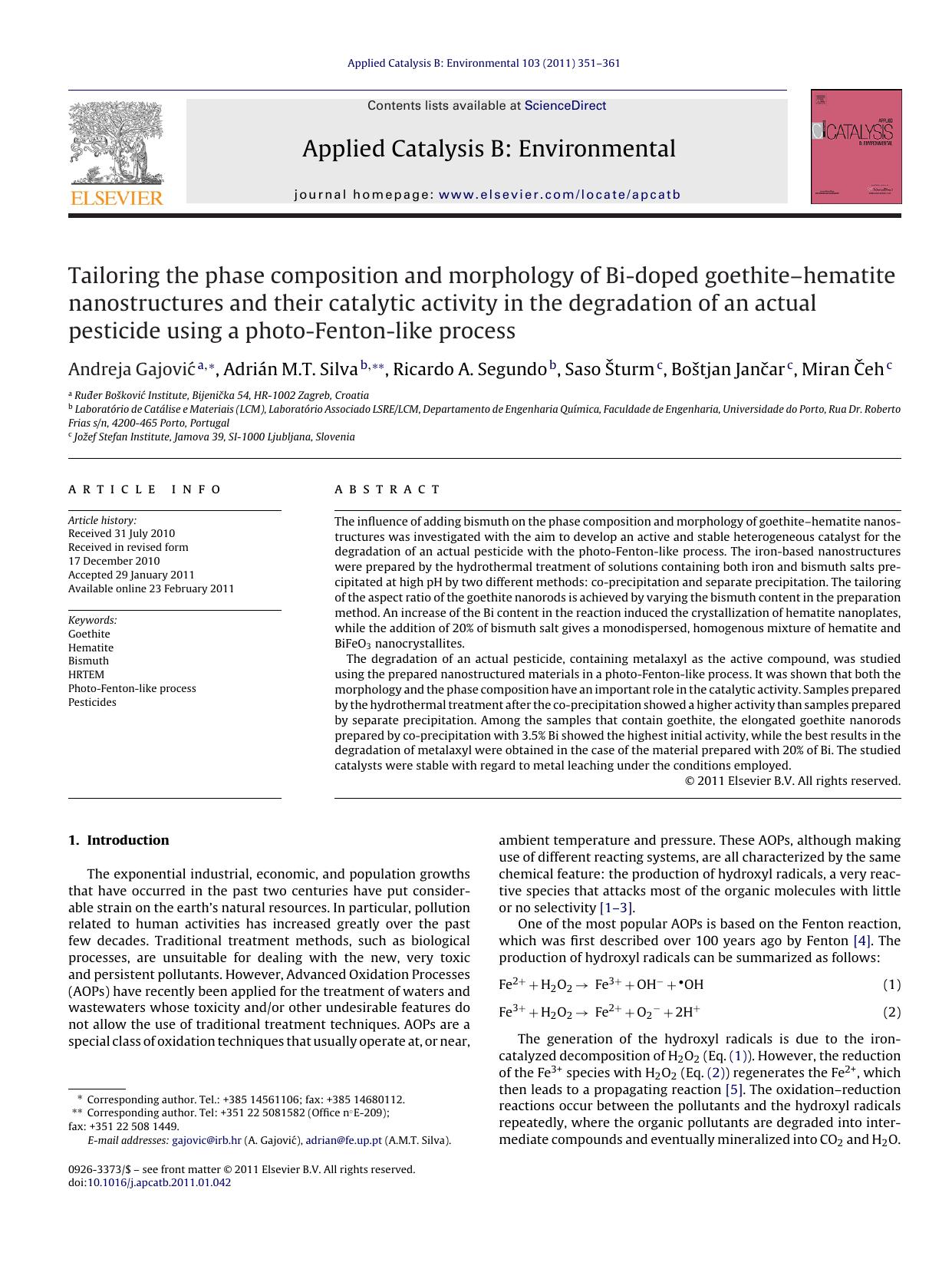 Tailoring the phase composition and morphology of Bi-doped goethiteÃ¢â¬âhematite nanostructures and their catalytic activity in the degradation of an actual pesticide using a ph by Andreja GajoviÄ‡
