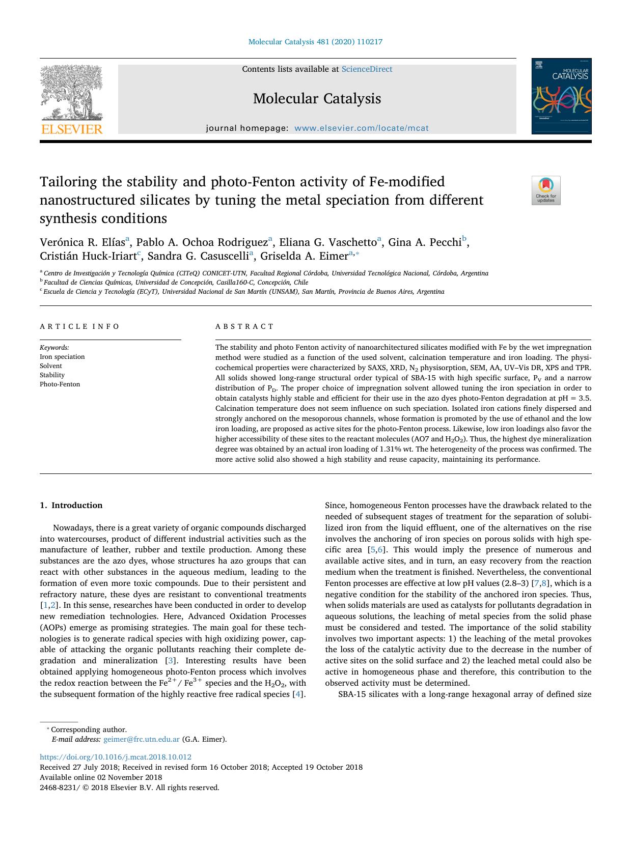 Tailoring the stability and photo-Fenton activity of Fe-modified nanostructured silicates by tuning the metal speciation from different synthesis conditions by unknow