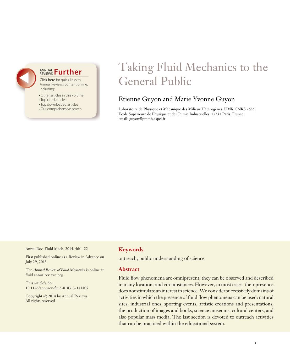 Taking Fluid Mechanics to the General Public by Etienne Guyon and Marie Yvonne Guyon
