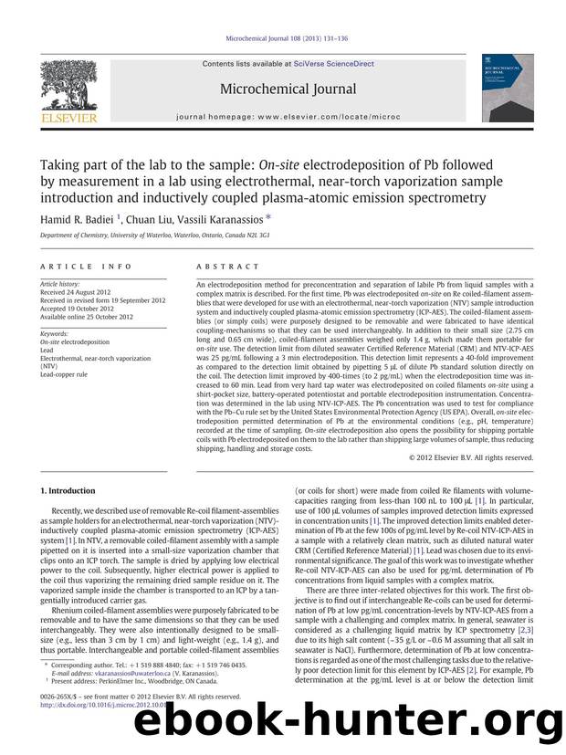 Taking part of the lab to the sample: On-site electrodeposition of Pb followed by measurement in a lab using electrothermal, near-torch vaporization sample introduction and inducti by Hamid R. Badiei & Chuan Liu & Vassili Karanassios