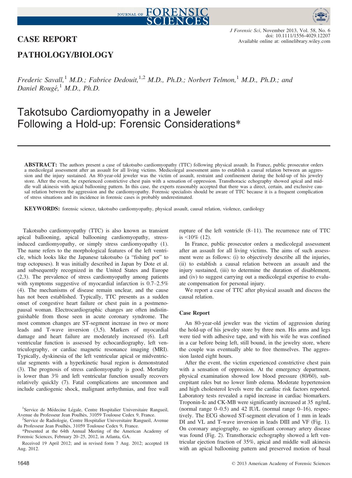 Takotsubo Cardiomyopathy in a Jeweler Following a Holdup: Forensic Considerations by Unknown