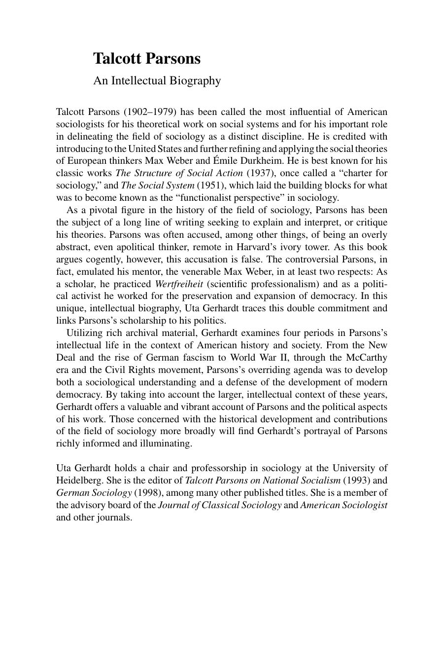 Talcott Parsons: An Intellectual Biography by Uta Gerhardt