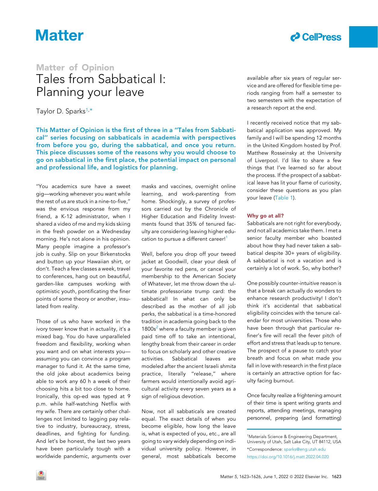 Tales from Sabbatical I: Planning your leave by Taylor D. Sparks