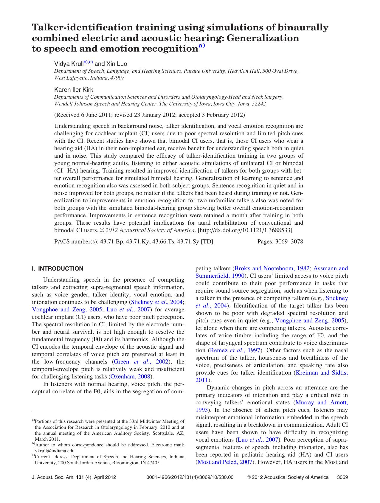 Talker-identification training using simulations of binaurally combined electric and acoustic hearing: Generalization to speech and emotion recognition by Vidya Krull Xin Luo and Karen Iler Kirk