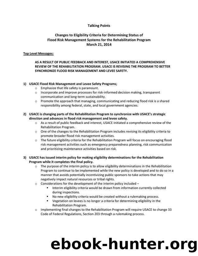 Talking Points: Changes to Eligibility Criteria for Determining Status of Flood Risk Management Systems for the Rehabilitation Program by U.S. Army Engineer Institute for Water Resources