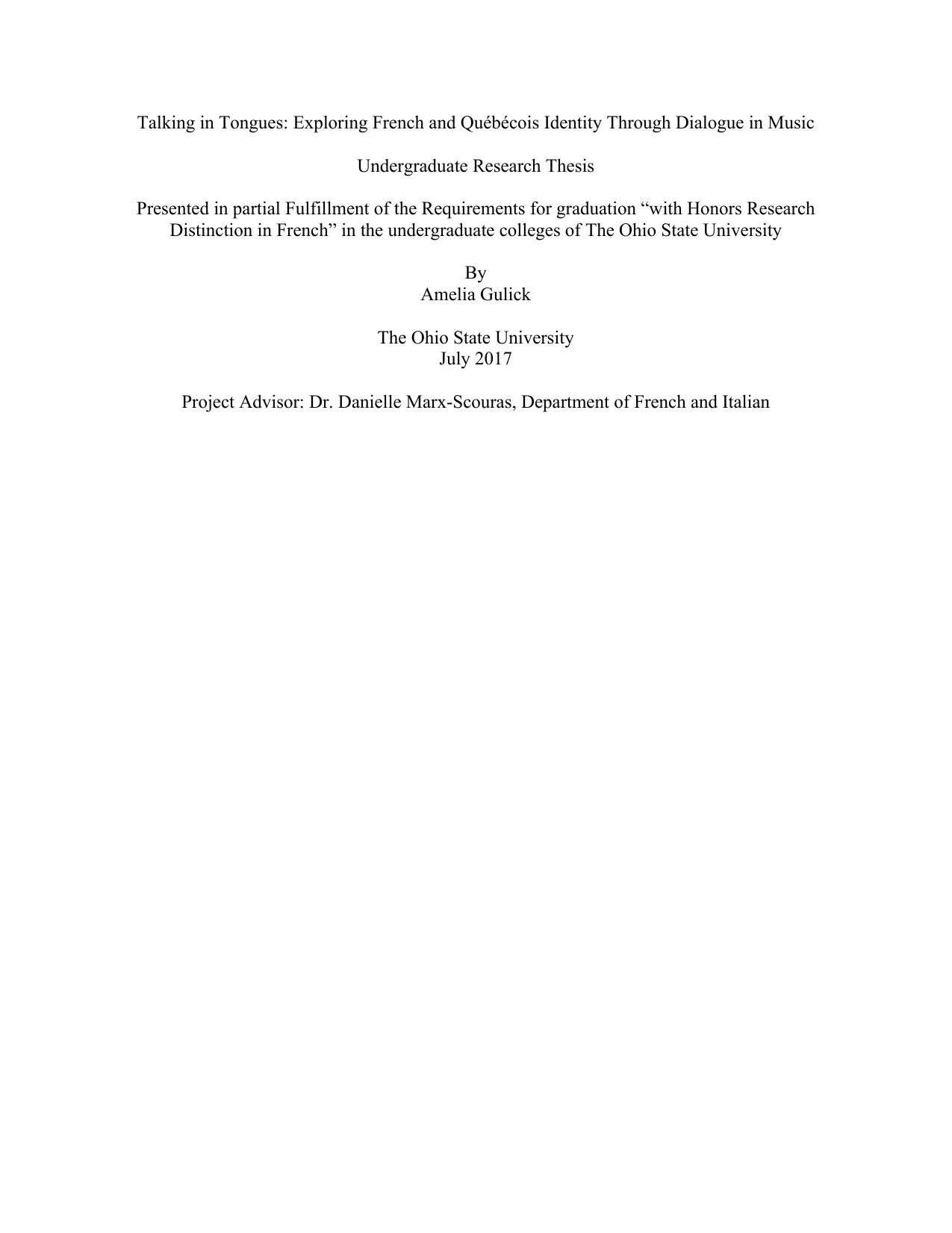 Talking in Tongues: Exploring French and QuÃ©bÃ©cois Identity Through Dialogue in Music by Amelia Gulick