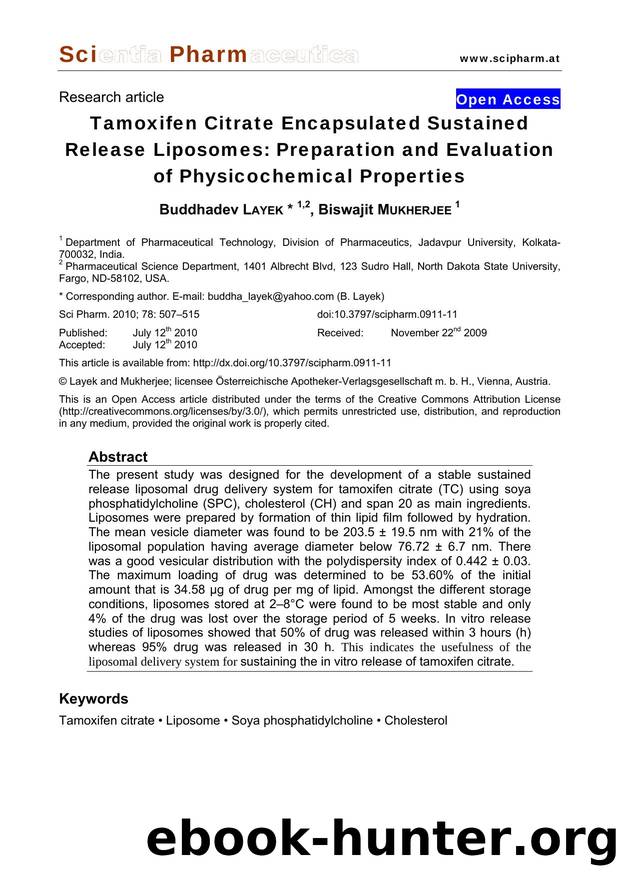 Tamoxifen Citrate Encapsulated Sustained Release Liposomes: Preparation and Evaluation of Physicochemical Properties by Buddhadev LAYEK & Biswajit MUKHERJEE