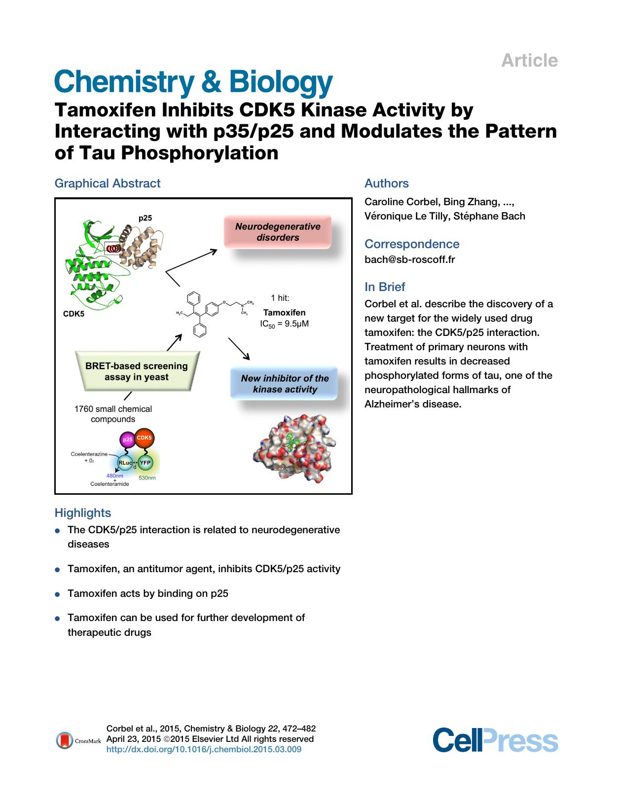 Tamoxifen Inhibits CDK5 Kinase Activity by Interacting with p35p25 and Modulates the Pattern of Tau Phosphorylation by unknow
