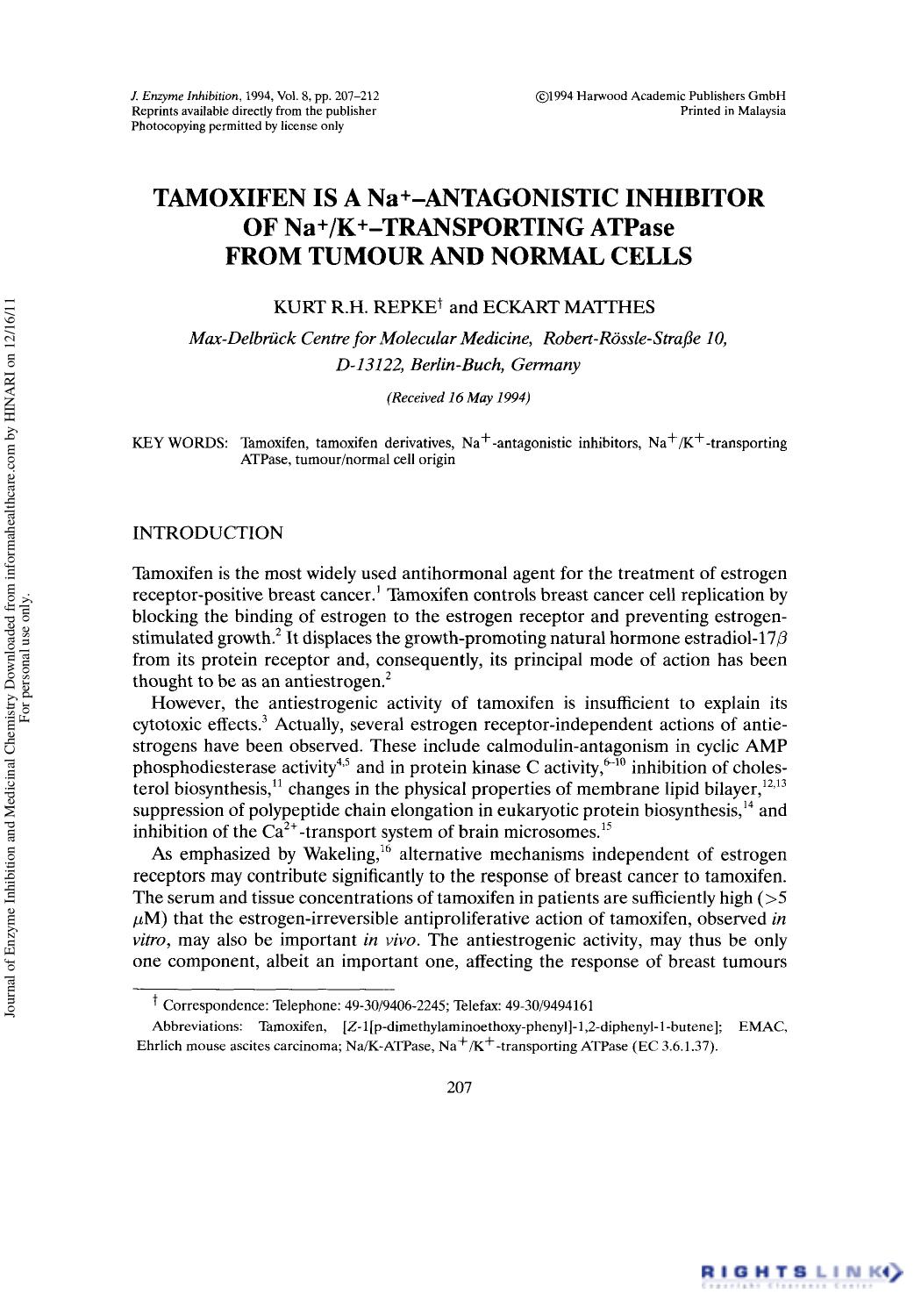 Tamoxifen is A Na+-Antagonistic Inhibitor of Na+K+-Transporting ATPase from Tumour and Normal Cells by Kurt R.H. Repke & Eckart Matthes