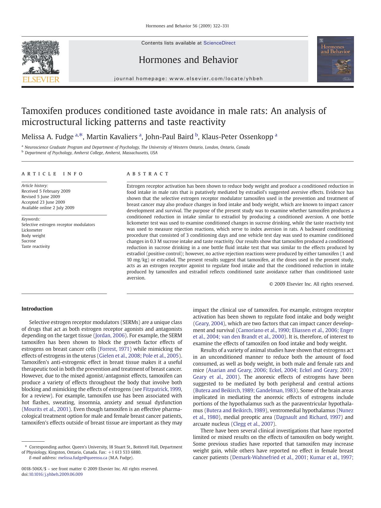 Tamoxifen produces conditioned taste avoidance in male rats: An analysis of microstructural licking patterns and taste reactivity by Melissa A. Fudge; Martin Kavaliers; John-Paul Baird; Klaus-Peter Ossenkopp
