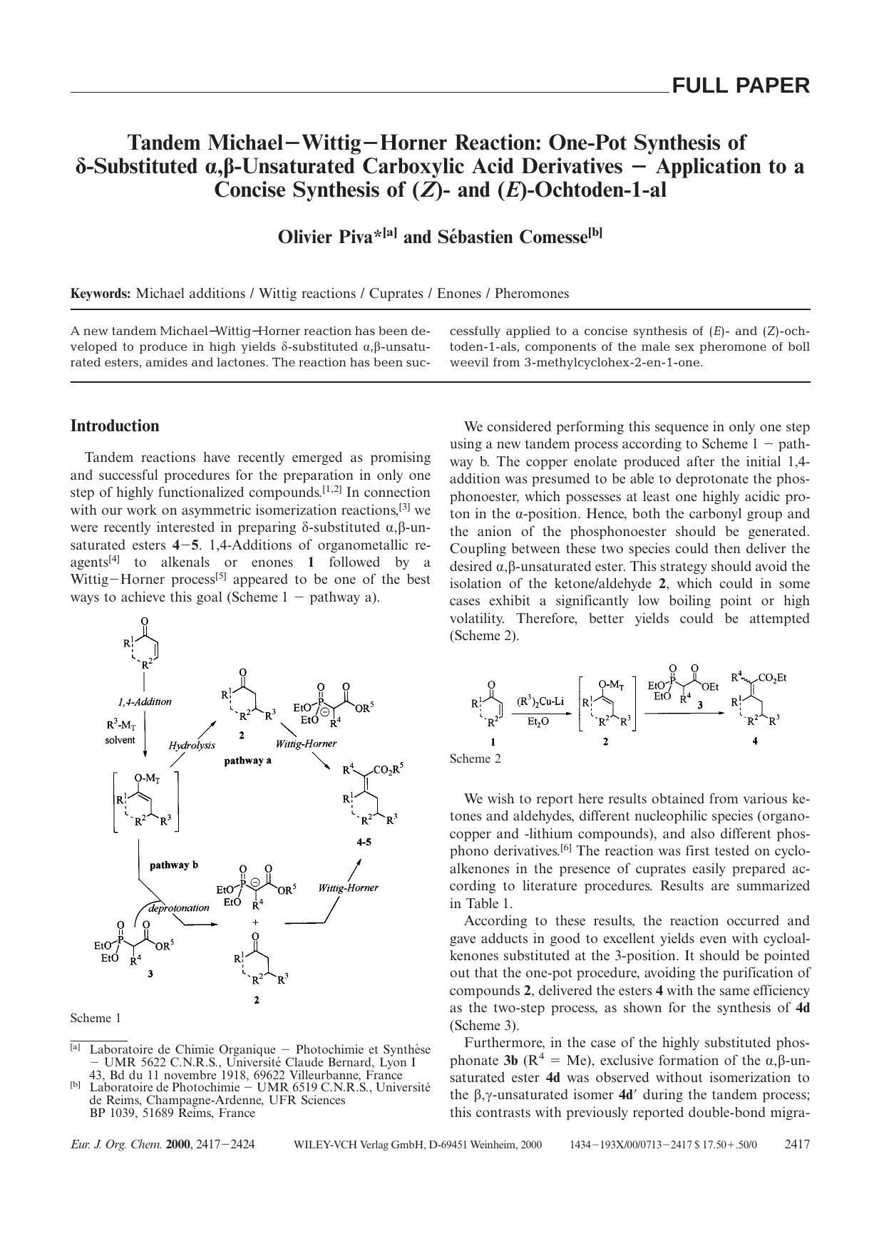 Tandem Michael-Wittig-Horner Reaction: One-Pot Synthesis of [dgr]-Substituted [agr],[bgr]-Unsaturated Carboxylic Acid Derivatives - Application to a Concise Synthesis of (Z)- and (E)-Ochtoden-1-al by Unknown