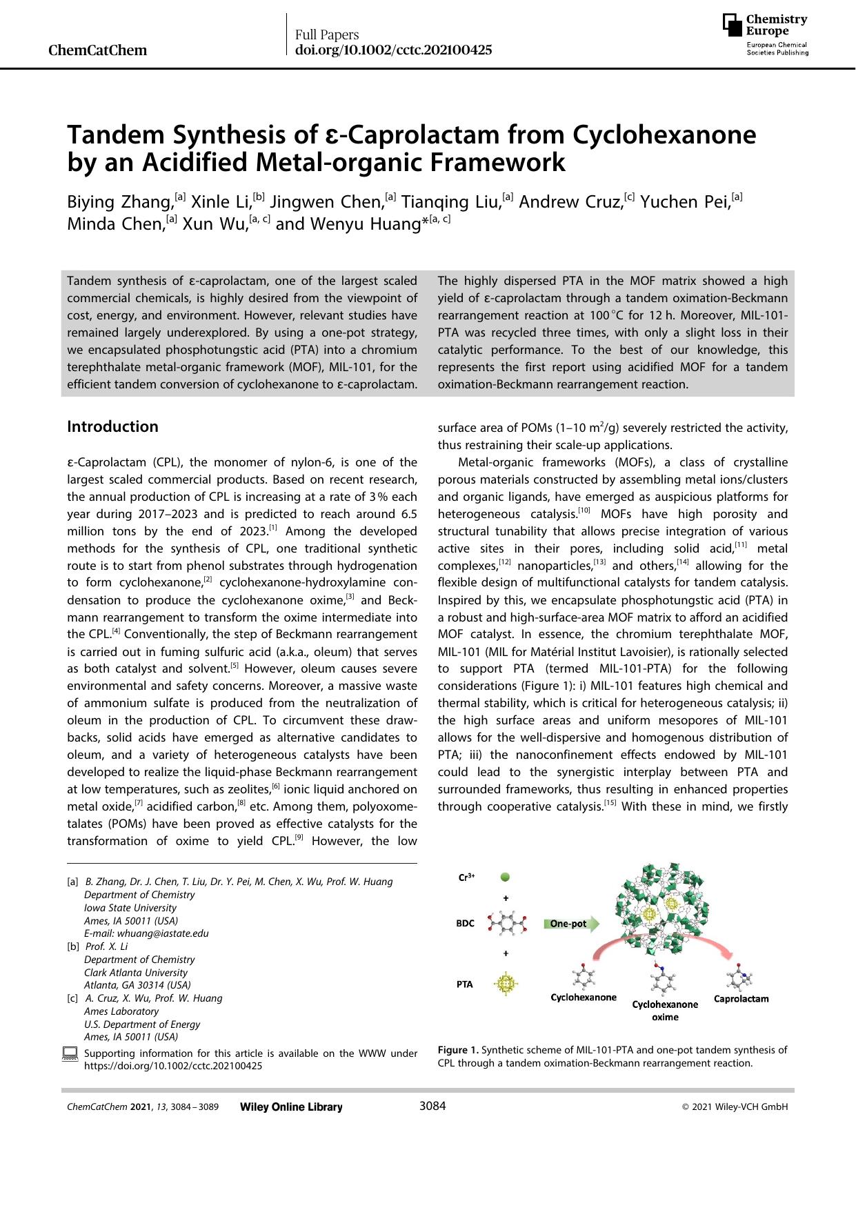 Tandem Synthesis of ÏµâCaprolactam from Cyclohexanone by an Acidified Metalâorganic Framework by Unknown