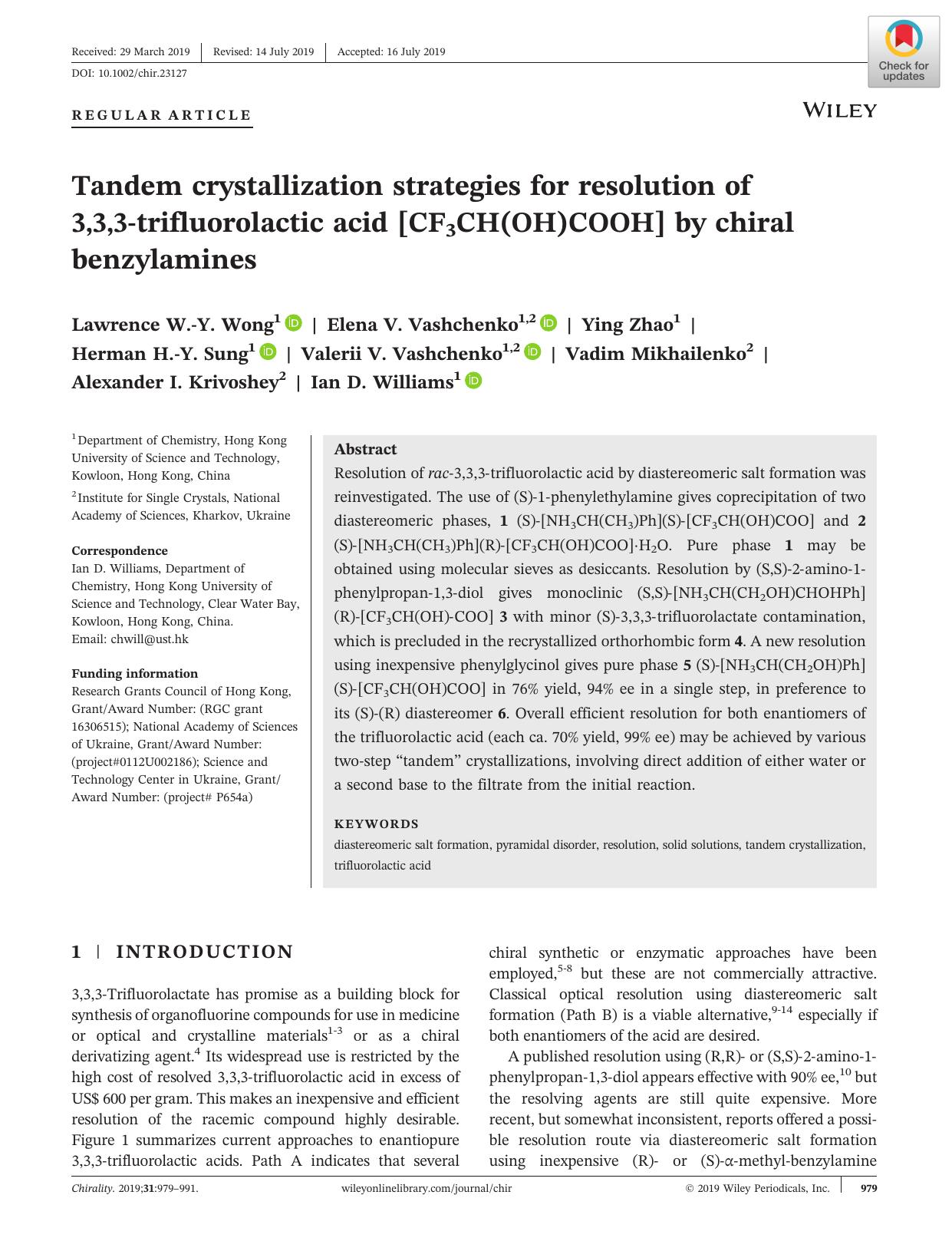 Tandem crystallization strategies for resolution of 3,3,3âtrifluorolactic acid [CF3CH(OH)COOH] by chiral benzylamines by unknow