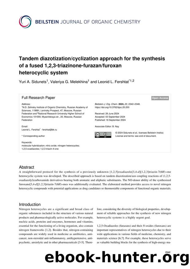 Tandem diazotizationcyclization approach for the synthesis of a fused 1,2,3-triazinone-furazanfuroxan heterocyclic system by Yuri A. Sidunets Valeriya G. Melekhina Leonid L. Fershtat