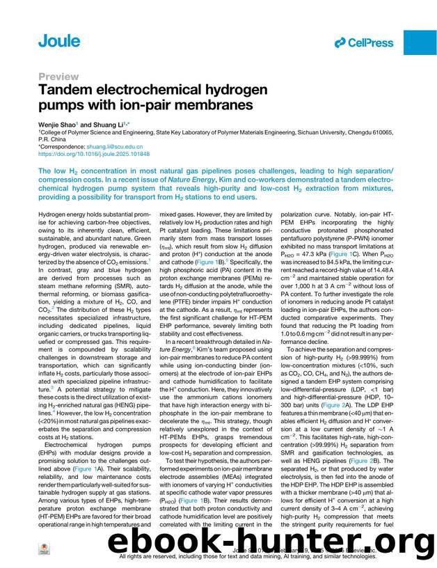 Tandem electrochemical hydrogen pumps with ion-pair membranes by Wenjie Shao & Shuang Li