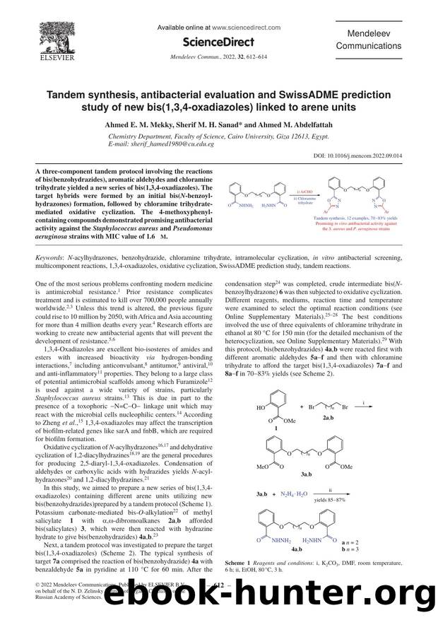 Tandem synthesis, antibacterial evaluation and SwissADME prediction study of new bis(1,3,4-oxadiazoles) linked to arene units by Ahmed E.M. Mekky