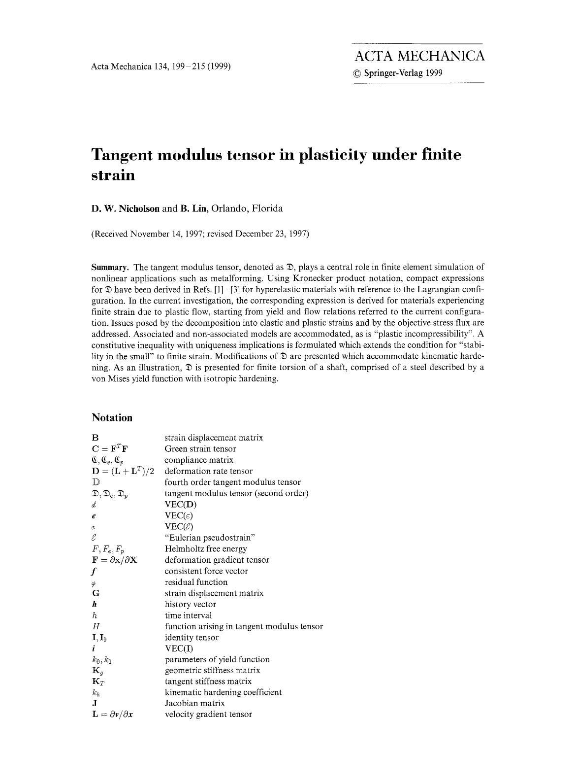 Tangent modulus tensor in plasticity under finite strain by Unknown
