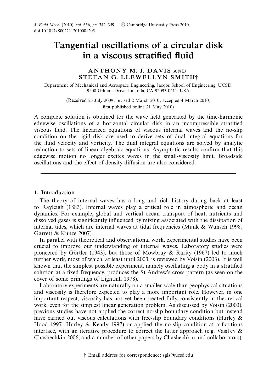Tangential oscillations of a circular disk in a viscous stratified fluid by ANTHONY M. J. DAVIS STEFAN G. LLEWELLYN SMITH